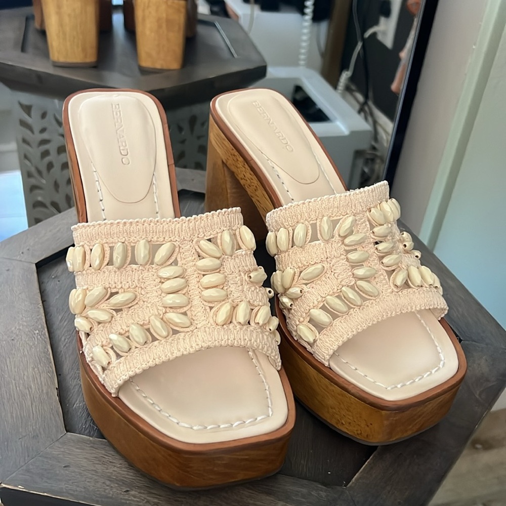 Bernardo Cream Beaded Crochet Platform Sandals